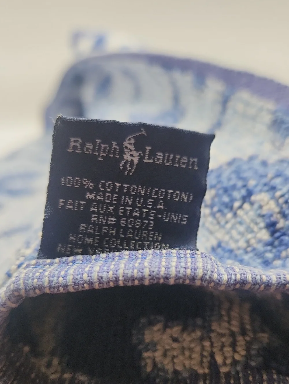 Vintage Ralph Lauren Donovan Pattern scroll bath towel blue and white/cream
